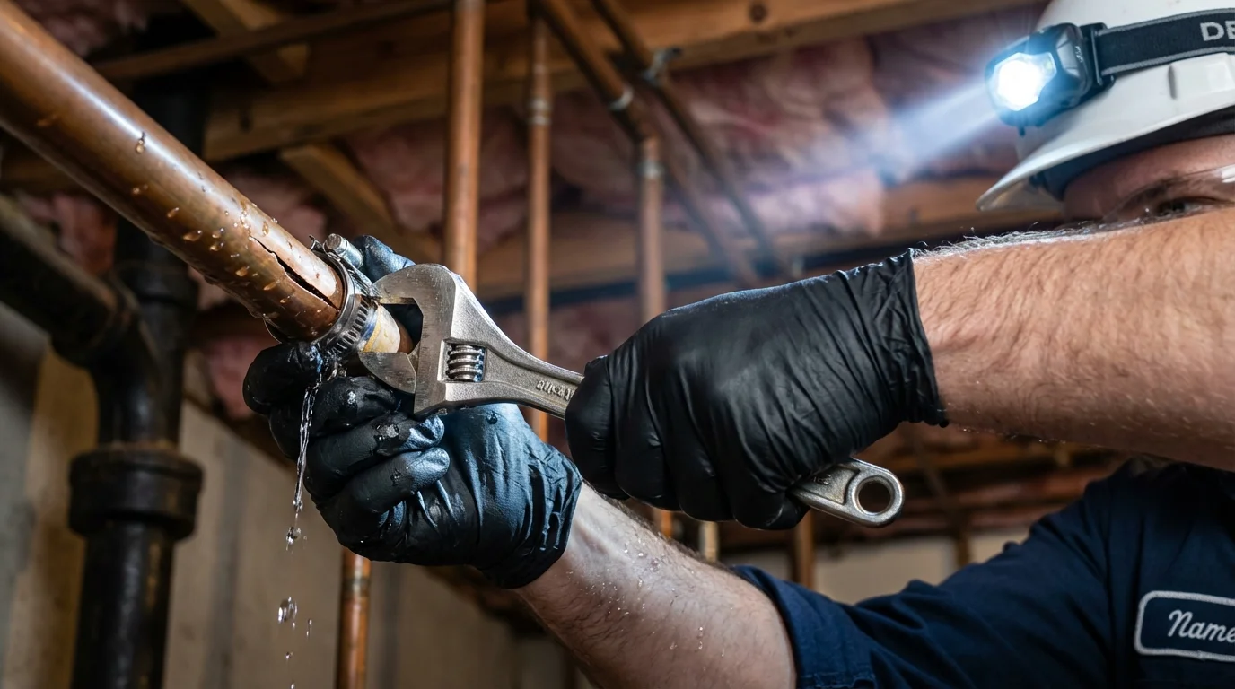 Emergency pipe clamp repair being performed by a Johns Plumbing LLC plumber in Dedham