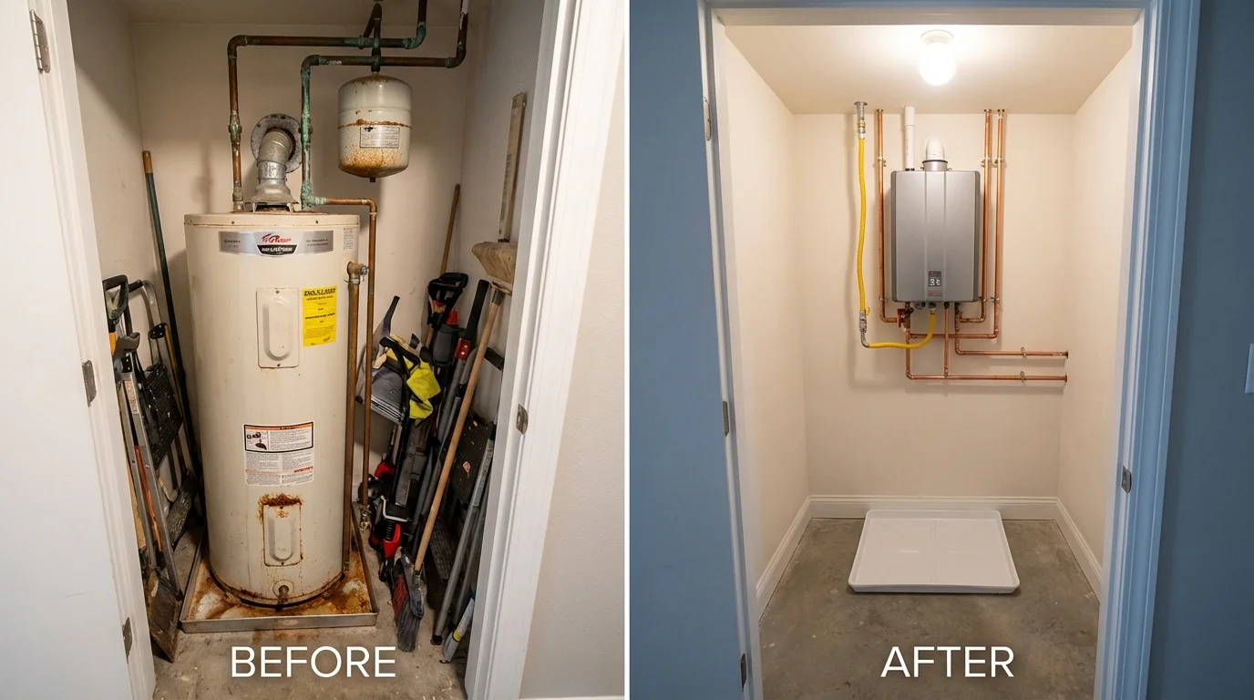 Tank water heater versus wall-mounted tankless unit comparison for Dedham, MA homeowners