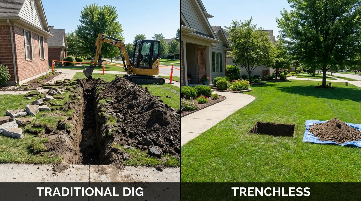 Trenchless sewer repair with minimal yard damage versus traditional excavation in Dedham, MA