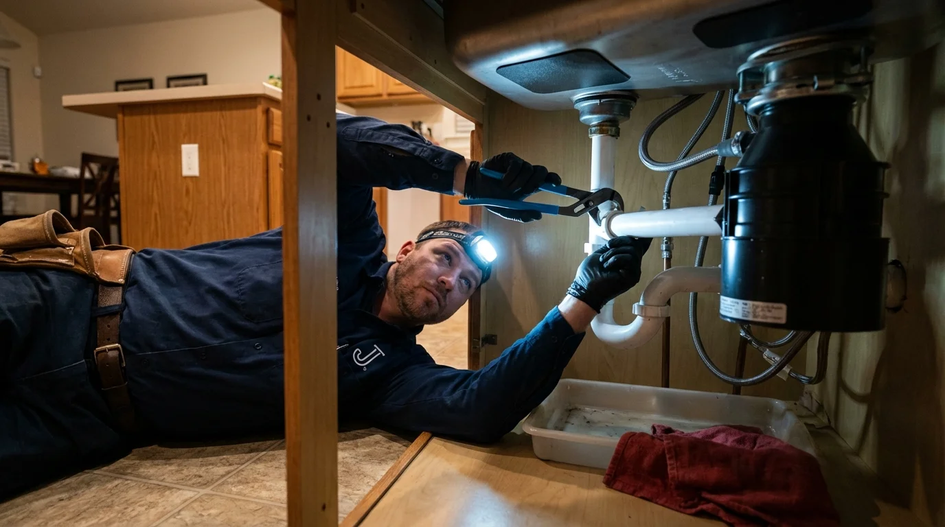 P-trap and supply line connections under a kitchen sink showing a common leak point in Dedham, MA